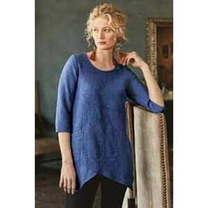 Soft Surroundings Rosabella Gauze Tunic Blue Jacquard Angled Hem Women Large
